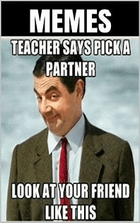 a man in a suit and tie is making a funny face while a teacher says pick a partner .