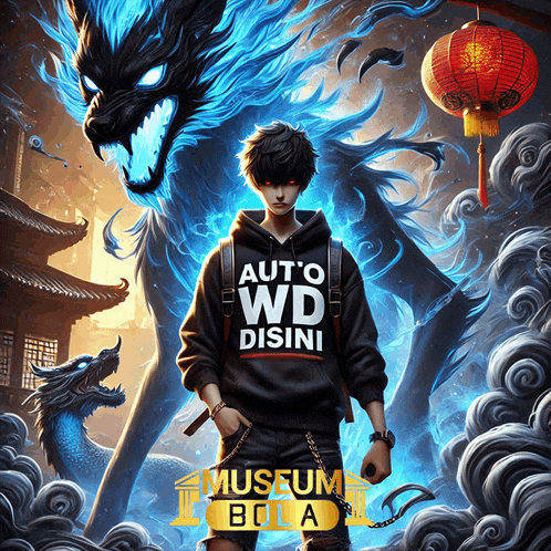 a man with a hoodie that says " auto wd disini " stands in front of a dragon