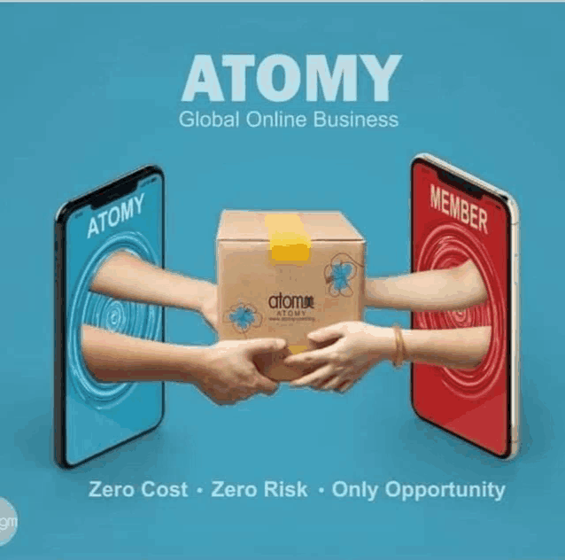 a poster for atomy global online business shows two hands holding a box