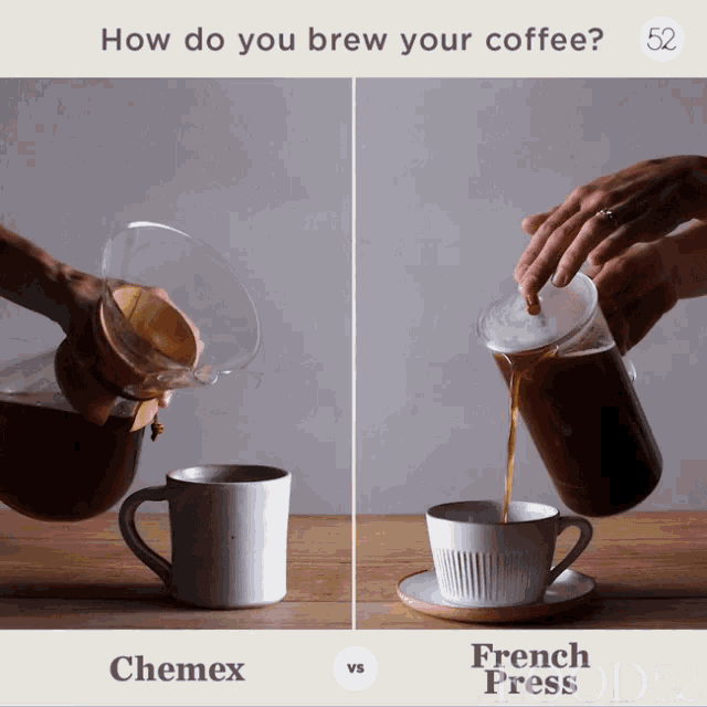 a chemex and french press coffee being poured into a cup