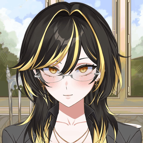 a girl with long black hair and yellow highlights is wearing glasses and earrings