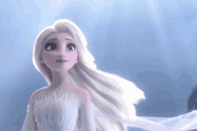 a close up of elsa from frozen looking up at the sky