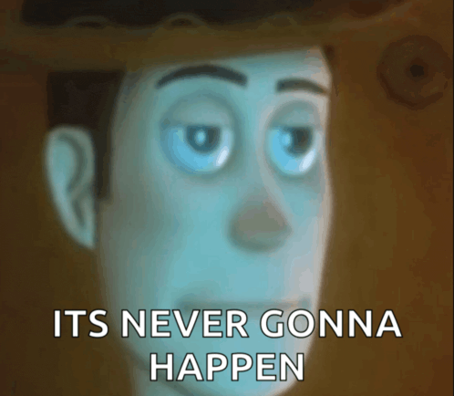 a picture of woody from toy story with the words " its never gonna happen "