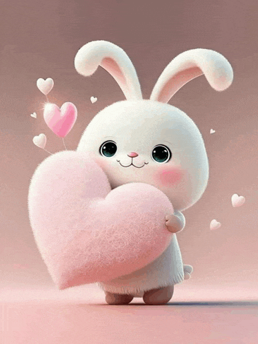 a bunny is holding a pink heart in its paws