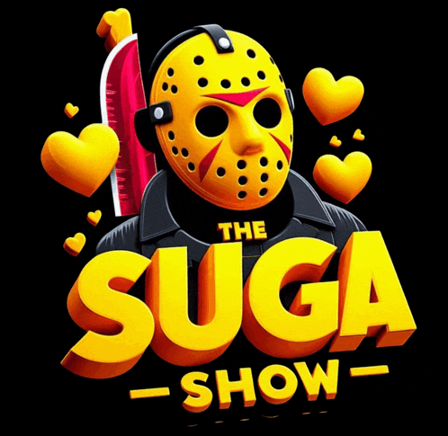 a logo for the suga show with a jason voorhees mask