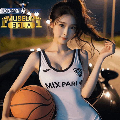 a woman is holding a basketball in front of a sign that says " museum bola "