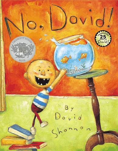 a book called no david by david shannon shows a boy reaching for a fish bowl