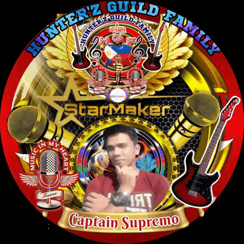 a logo for hunter 'z guild family starmaker with a picture of captain supremo