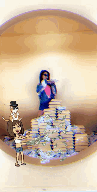 a cartoon of a woman standing next to a pile of money with a cat on her head