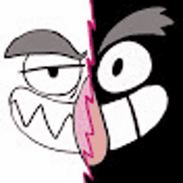 a black and white cartoon face with a pink tongue sticking out and a white face with a pink tongue sticking out .