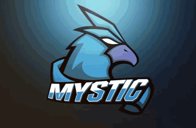 a logo for mystic with a blue bird on a dark blue background