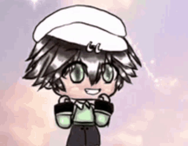 a cartoon character wearing a white hat and a green shirt is smiling .