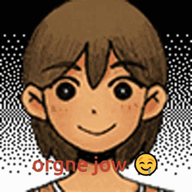 a cartoon drawing of a boy with the words orgne jow written below him