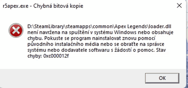 a computer screen shows an error message about apex legends loader.dll