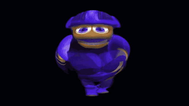 a cartoon character wearing a helmet and a purple outfit