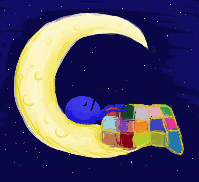 a cartoon of a person sleeping on a crescent moon with a colorful blanket