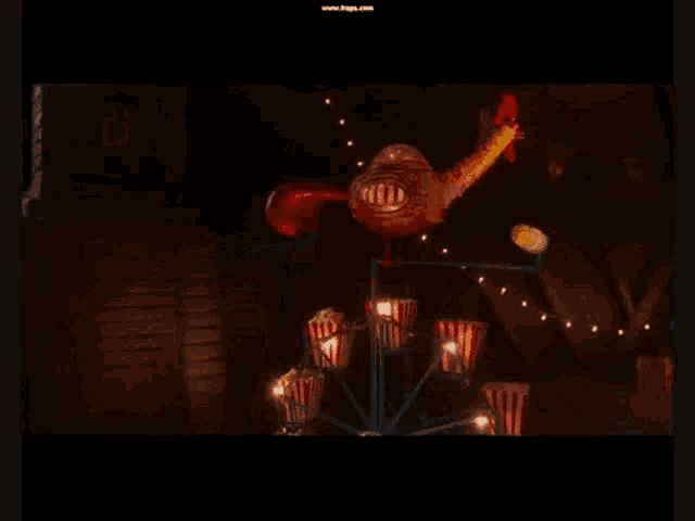 a cartoon character is standing next to a carousel with popcorn and a chicken balloon .