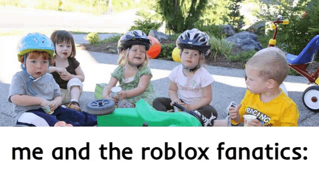 a group of children are sitting on the sidewalk with the words " me and the roblox fanatics " above them