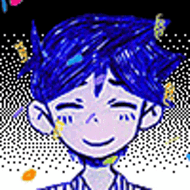 a drawing of a boy with blue hair and butterfly earrings .