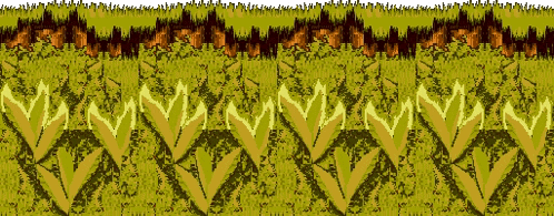 a pixel art illustration of a field of grass with a pattern of leaves and fire .