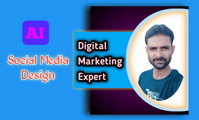 a man in a circle with social media design and digital marketing expert written below him