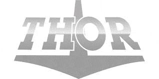 the logo for thor is a gray and white logo with a sword .