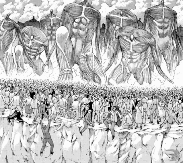 a black and white drawing of a crowd of people standing on top of a cliff