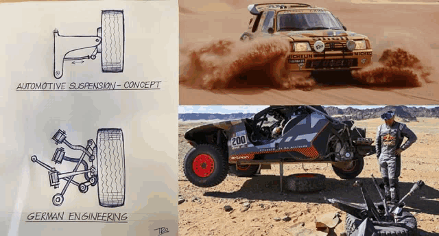 a drawing of an automotive suspension concept and a picture of a buggy