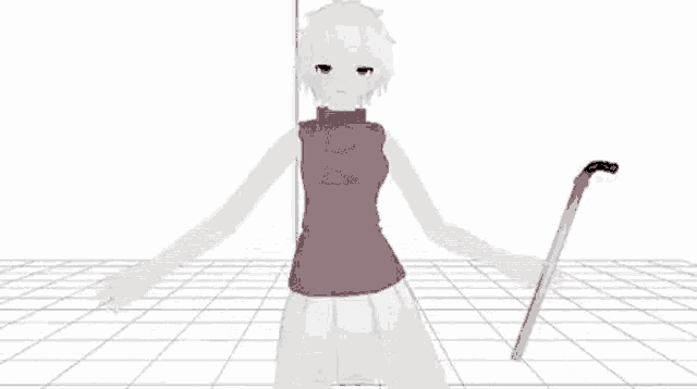 a 3d anime girl is holding a cane and a sword .