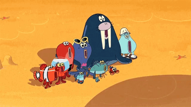 a group of cartoon characters including a walrus and a crab
