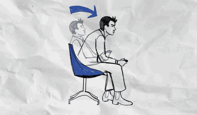 a drawing of a man sitting in a chair with a blue arrow pointing up