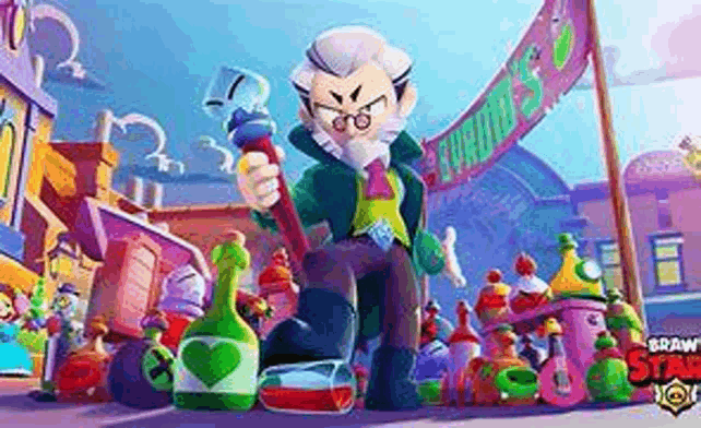 a cartoon character is standing in front of a bunch of bottles and holding a hammer .