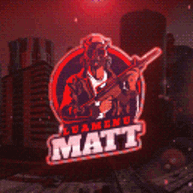 a neon sign for luamenu matt shows a man with a gun