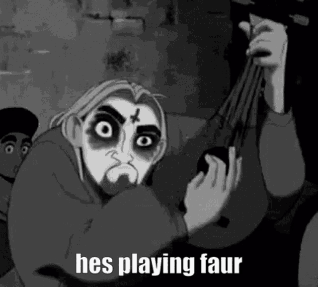 a black and white cartoon of a man with a beard holding a guitar .