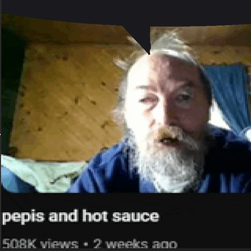 a picture of a man with a beard and a speech bubble that says pepis and hot sauce
