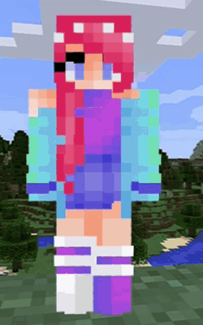 a girl with pink hair and purple socks in a minecraft world