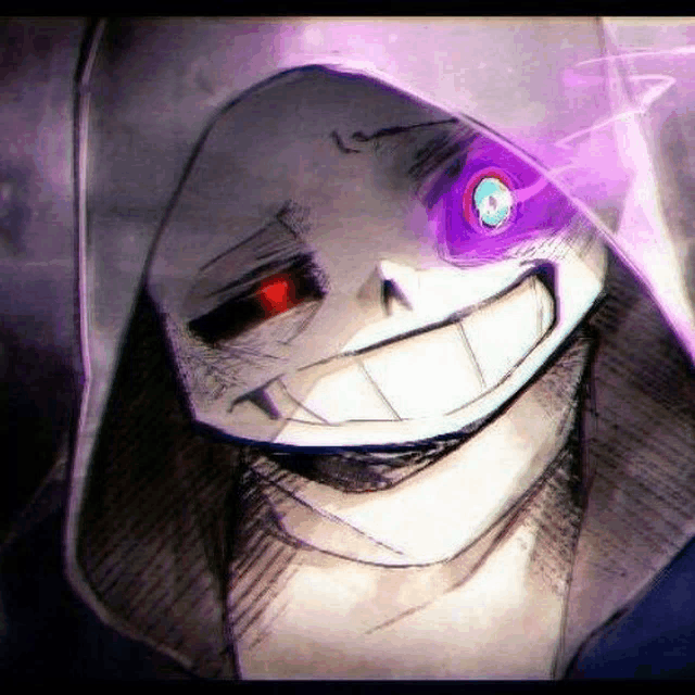 a close up of a drawing of dust sans with purple eyes and a hood .