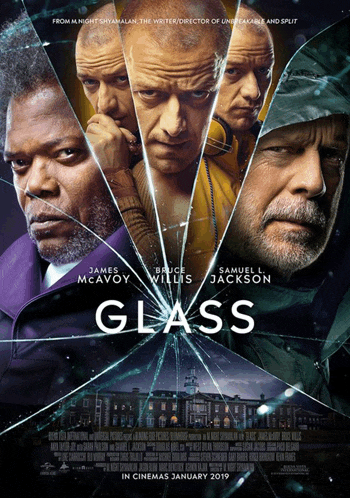 a movie poster for glass with james mcavoy bruce willis and samuel l. jackson