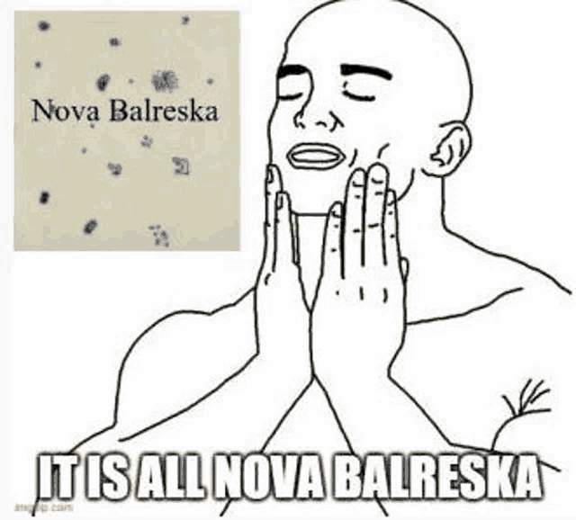 a black and white drawing of a bald man with his hands on his face and the words `` it is all nova balreska '' .