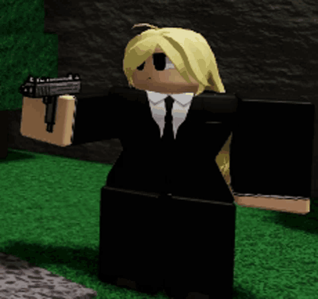 a cartoon character in a black suit and tie holding a gun