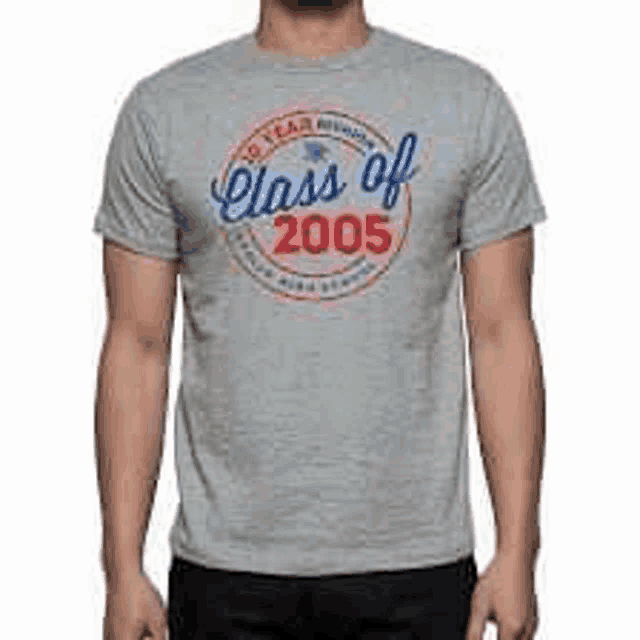 a man wearing a gray t-shirt that says class of 2005 .