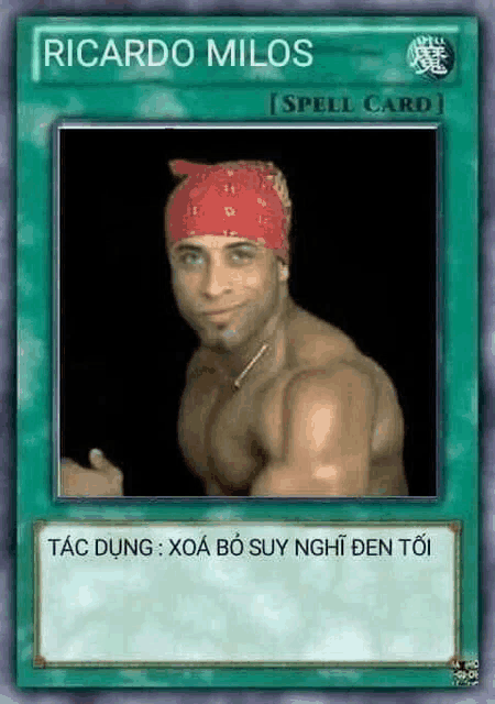 a card with a picture of a man wearing a bandana on it .