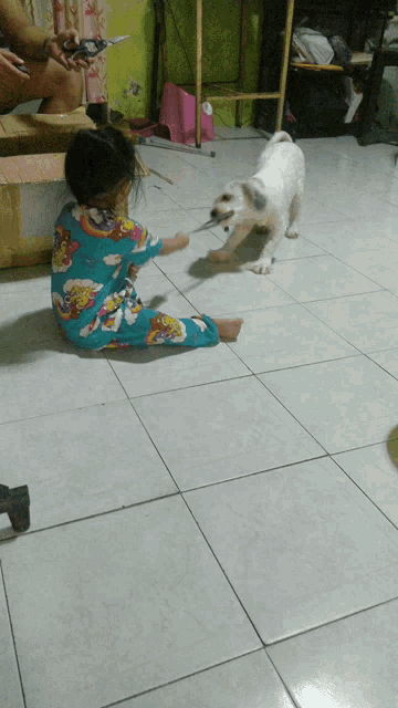 a little girl playing with a dog on the floor