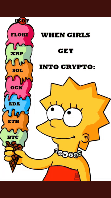 a cartoon of lisa simpson holding an ice cream cone that says " when girls get into crypto " on it