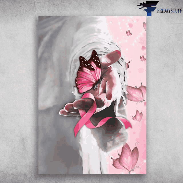 a painting of a hand holding a pink butterfly