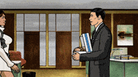 a man in a suit is holding a book while talking to a woman