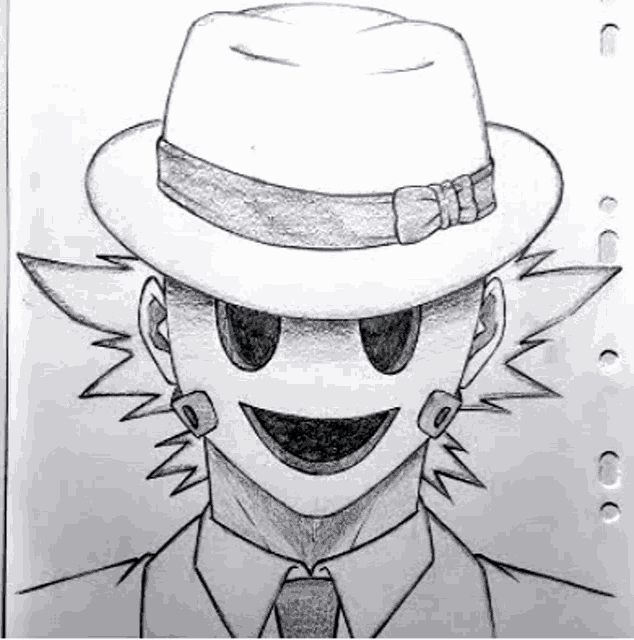 a black and white drawing of a man wearing a hat and tie with a smile on his face .