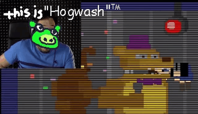 a man wearing a pig mask is sitting in front of a screen that says hogwash