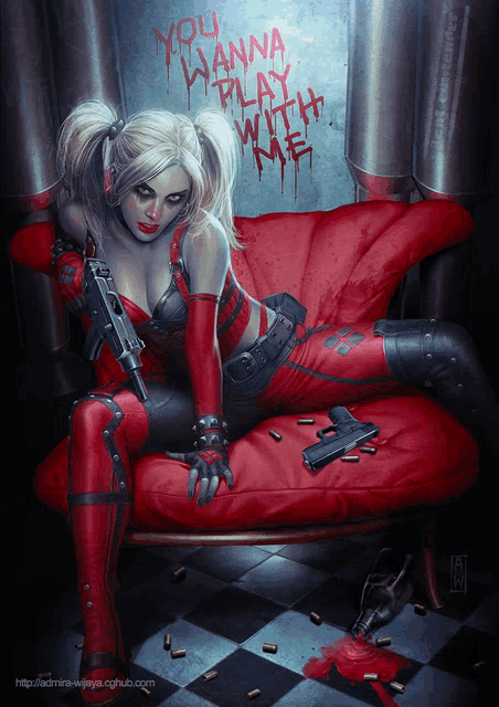 harley quinn is sitting on a red couch with bullets and says you wanna play with me on the wall behind her