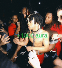 a group of people are gathered around a shirtless man with 1000 aura written on the bottom right